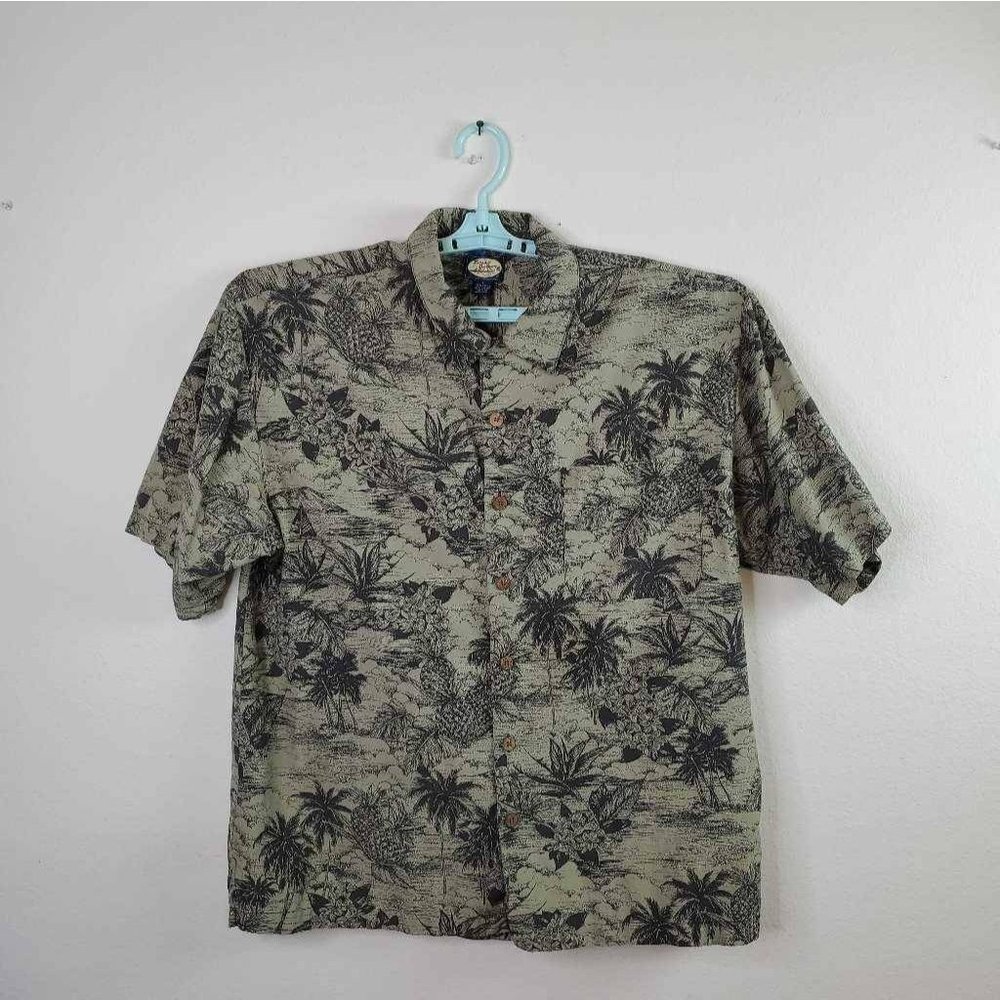 Tommy Bahama Mens Hawaiian Shirt Green Gray Palm Trees Pineapples Pocket L